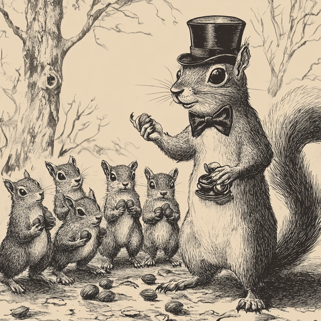 A hand drawn squirrel teaching baby squirrels how to organize their acorns 